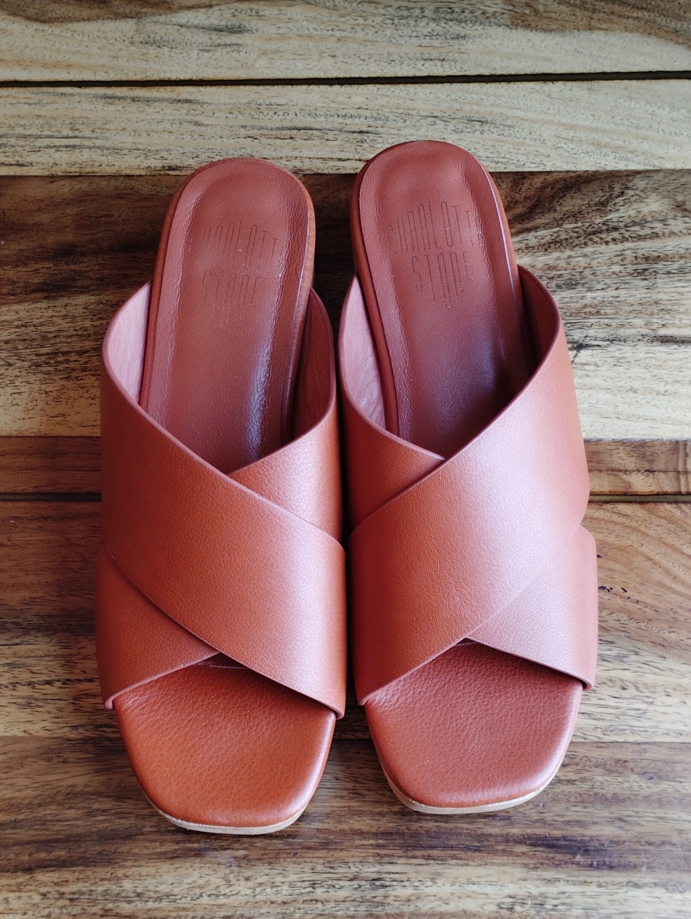 Charlotte Stone Burnt Orange Leather Criss Cross Slide Wooden Platform Sz 8